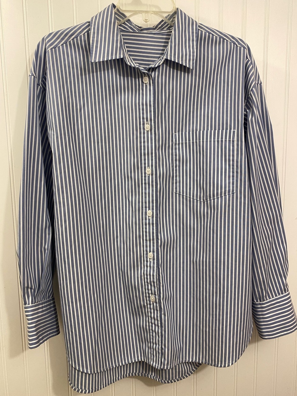 blue & white striped button up top